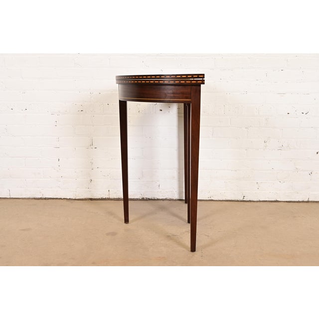 Brown Late 20th Century Baker Furniture Style Federal Inlaid Mahogany Flip Top Demilune Console Game Table For Sale - Image 8 of 14