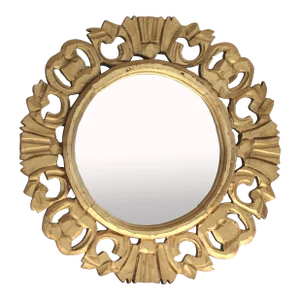 Large 1960s Carved Wood and Gold Round Mirror