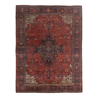 Antique Farahan Sarouk Carpet, Handmade Oriental Rug, Red, Navy, Fine Details For Sale