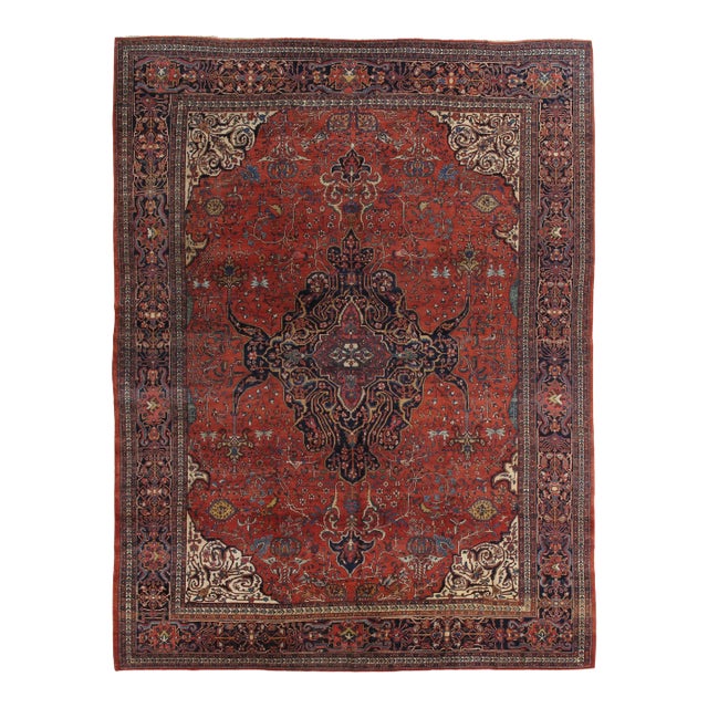 Antique Farahan Sarouk Carpet, Handmade Oriental Rug, Red, Navy, Fine Details For Sale