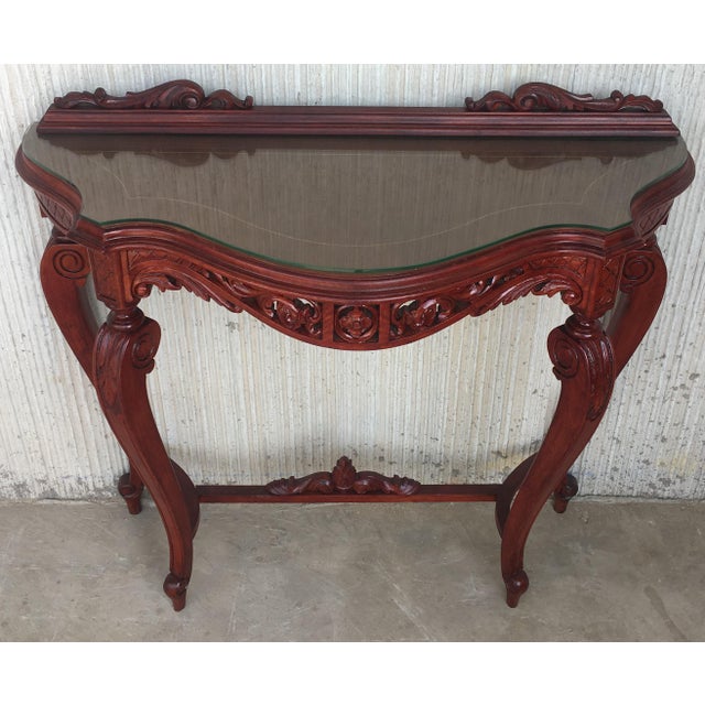 20th Century Fancy Rococo Style Italian Carved Mahogany and Glass-Top Console For Sale - Image 4 of 13