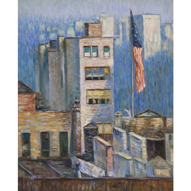 Dramatic skyline by unknown artist Cole (20th Century). A series of apartment buildings are rendered in short, colorful...