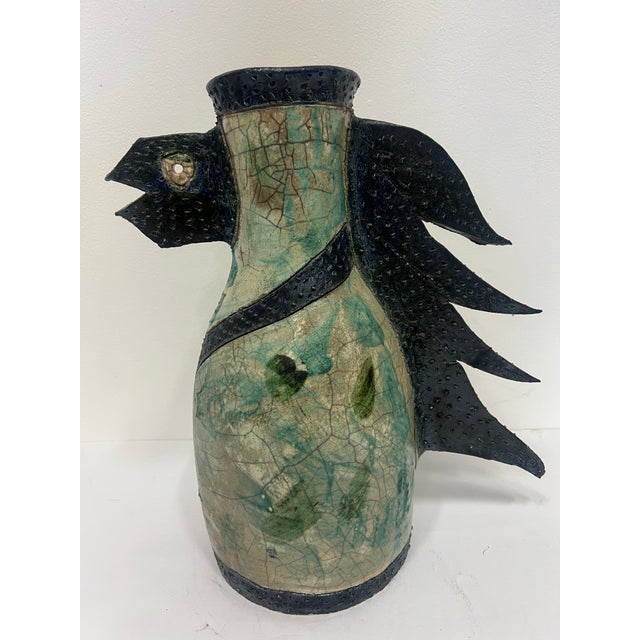 Now available for sale: Vintage Unique Studio Pottery Vase With Animal Details Green glazed finish as well as a textured...