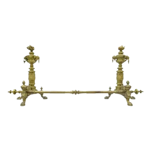 19th Century French Empire Neoclassical Flame & Lion Brass Paw Andirons & Bar - Pair