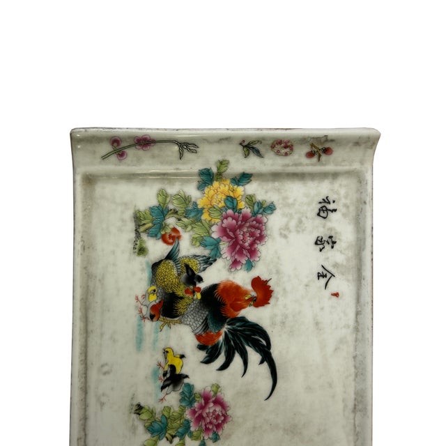 1980s Vintage Finish Rooster Flower Graphic Rectangular Porcelain Plate Art For Sale - Image 5 of 10
