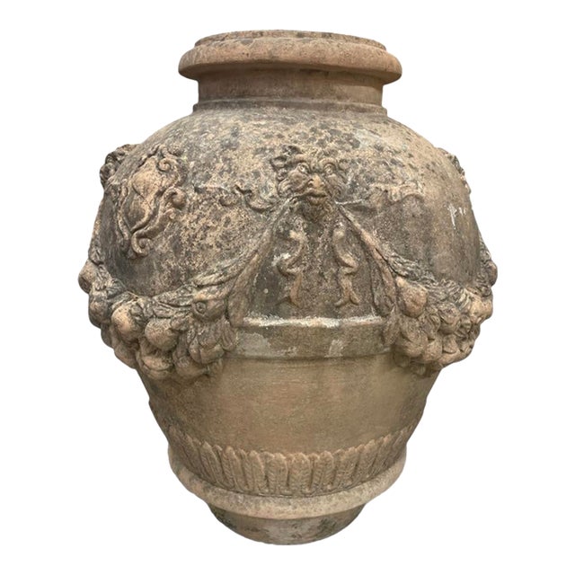 19th Century Italian Neoclassical Style Terracotta Garden Urn With Mascarons and Garlands For Sale