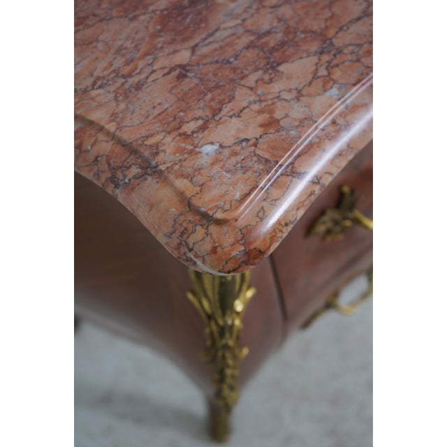 Vintage Louis XV Style Marquetry Bombe Marble Top Commode For Sale - Image 10 of 18