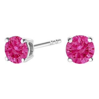 10K White Gold 1/2 Cttw Lab Created Round Brilliant Cut Pink Diamond Classic 4-Prong Solitaire Stud Earrings (Fancy Pink Color, VVS2-VS1 Clarity) For Sale