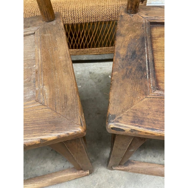 Auburn Vintage Pair Asian Elmwood Oriental Wood Yoke Back Dining / Side Chairs For Sale - Image 8 of 18