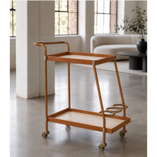 Arteriors Home Arteriors Sanders Bar Cart - Brand New - Cognac Leather, Blonde Oak & Antiqued Brass For Sale - Image 4 of 11