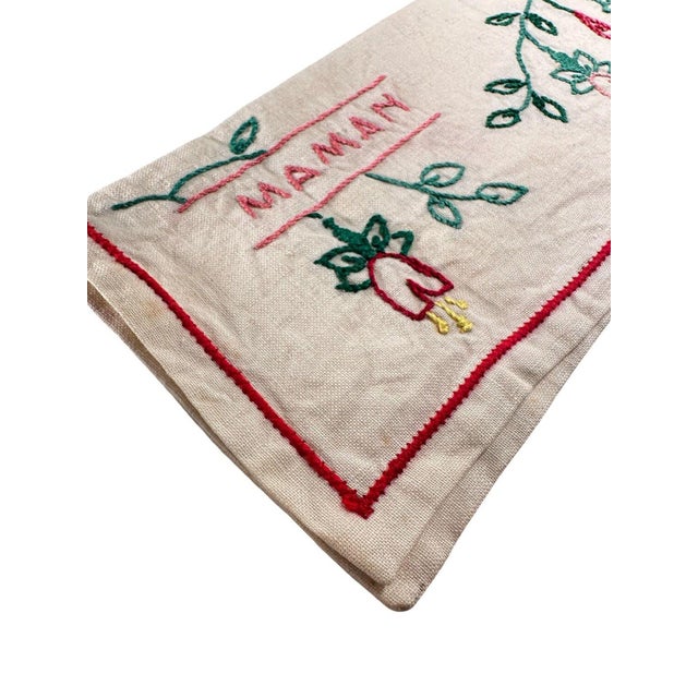 1920s Antique French Hand Embroidered Linen Bag MAMAN Floral Motif Handmade Keepsake Pouch For Sale - Image 5 of 9