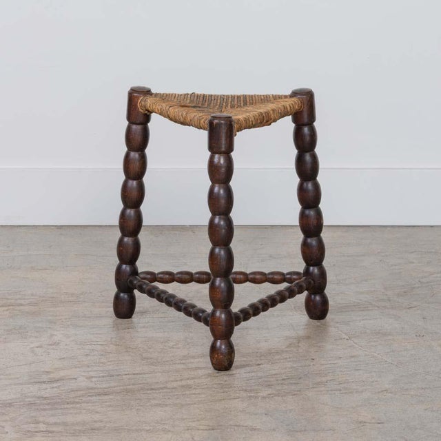 1940s Pair of French Bobbin Wood and Woven Stools For Sale - Image 4 of 10