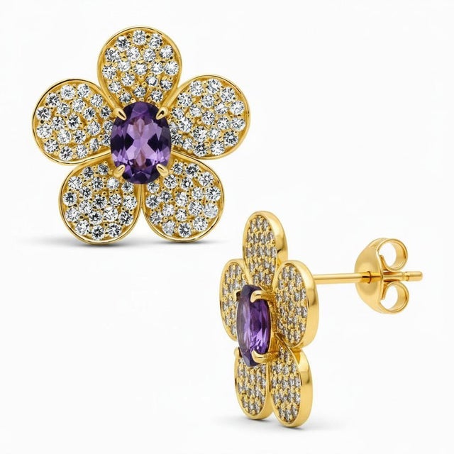 Metal Five Petal Flower Earrings Studs With Amethysts, Silver, Gold, Pair For Sale - Image 7 of 7