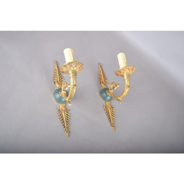 Gilded Brass Scroll-Arm Wall Sconces with Teal Details, 1950s, Set of 2 For Sale - Image 4 of 12