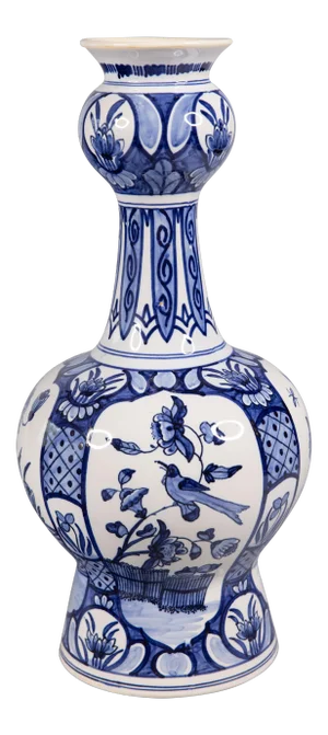 Large Antique 19th Century Dutch Delft Bird Floral Knobble Vase