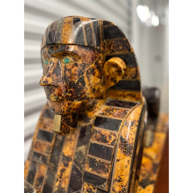 Maitland Smith Tessellated Stone, Malachite & Brass Sphinx Sculpture C. 1970 For Sale - Image 9 of 12
