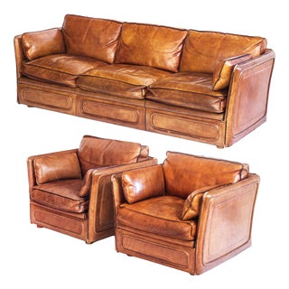 Vintage Sofa and Club Chairs in Camel-Coloured Buffalo Leather from Roche Bobois, France, 1980s, Set of 3 For Sale