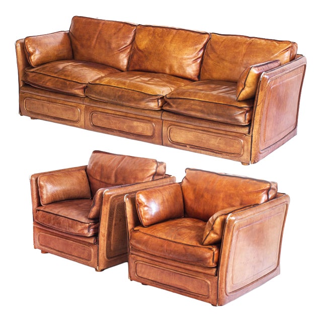Vintage Sofa and Club Chairs in Camel-Coloured Buffalo Leather from Roche Bobois, France, 1980s, Set of 3 For Sale