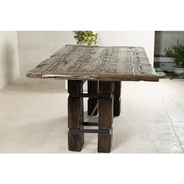 Rustic Vintage Rustic Reclaimed Teak Table with Distressed Top and Metal Base For Sale - Image 3 of 12