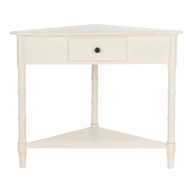 Corner Table With Storage Drawer, Distressed Cream For Sale