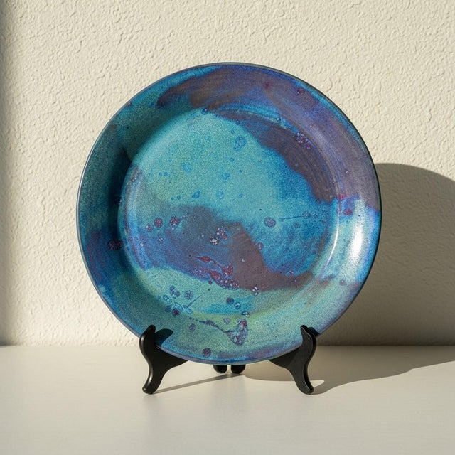 Mid-Century Modern Studio Art Pottery Platter-Signed Blue Purple Green-Iridescent Ceramic-Coastal For Sale - Image 3 of 11