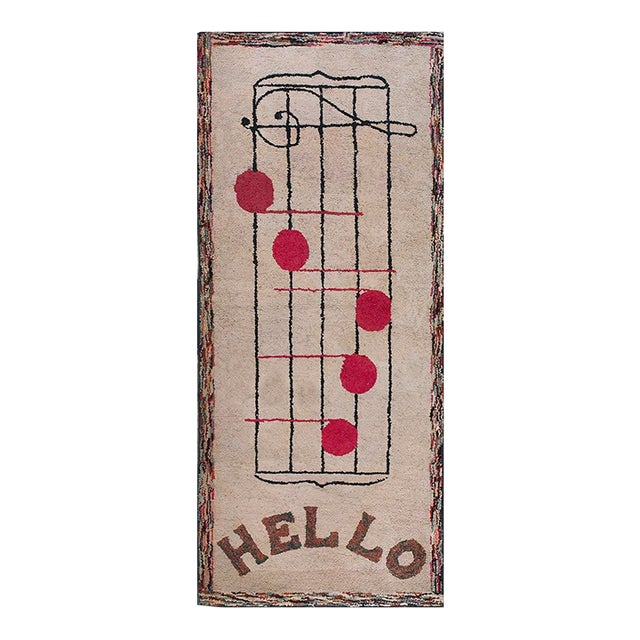 1930s Tan Ecru Folk Art Musical Note Antique American Hooked Rug 3' X 7'5" Woven Wool Carpet For Sale