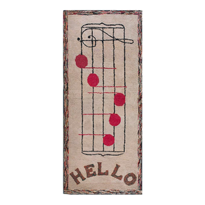 1930s Tan Ecru Folk Art Musical Note Antique American Hooked Rug 3' X 7'5" Woven Wool Carpet