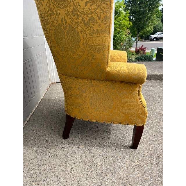 Late 20th Century Yellow Damask Mahogany Wingback Chair For Sale - Image 9 of 12