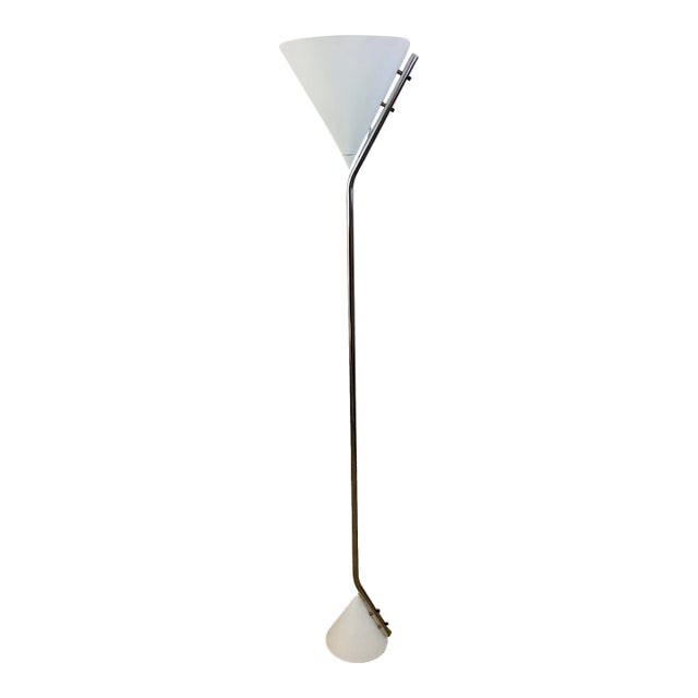 Vintage 1960s Mid Century Modern Memphis Style White & Chrome Torchiere Floor Lamp For Sale