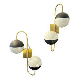 Brushed Brass and White Glass Globe Wall Sconces a Pair For Sale
