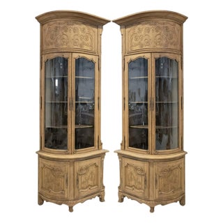Monumental Pair of 19th Century Louis XV Style Bleached Oak Glass Door Chateau Encoignures or Corner Cabinets For Sale