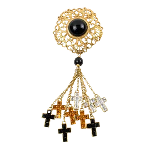 Valentino Black and Orange Jeweled Pin Brooch Dangling Cross Charms
