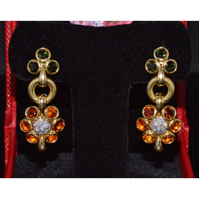 Authentic Vintage Piero Milano 5.40Cts Natural Spessartite Garnet Green Tourmaline Diamond Solid 18k Gold Earrings, Pair For Sale - Image 13 of 16