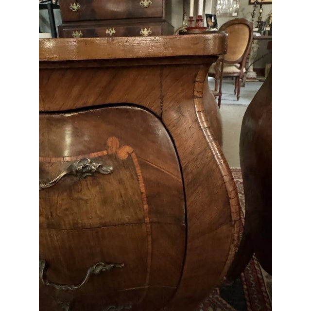 Petite Antique Bombe Chest With Inlay and Three Drawers For Sale - Image 10 of 12