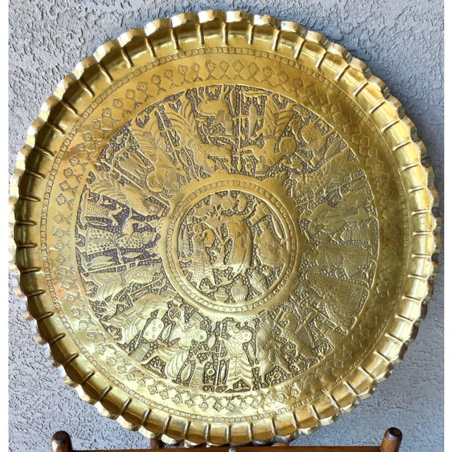 Mid 20th Century Mid 20th-Century Persian Qajar-Inspired Design Brass Chased & Repoussé Charger Tray Top Accent or Coffee Table For Sale - Image 5 of 17