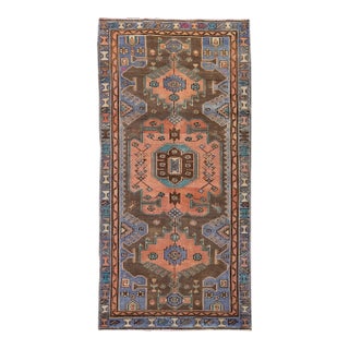 1960s Vintage Persian Distressed Handmade Geometric Brown Wool Rug For Sale