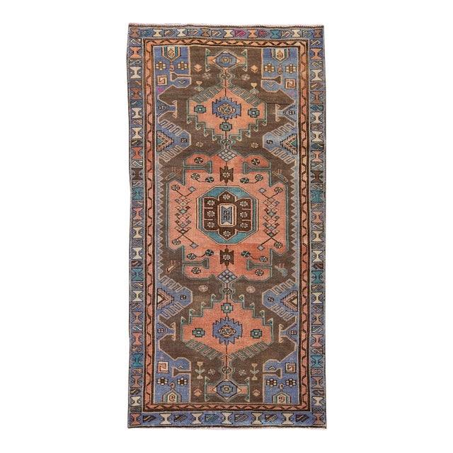 1960s Vintage Persian Distressed Handmade Geometric Brown Wool Rug For Sale