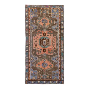 1960s Vintage Persian Distressed Handmade Geometric Brown Wool Rug