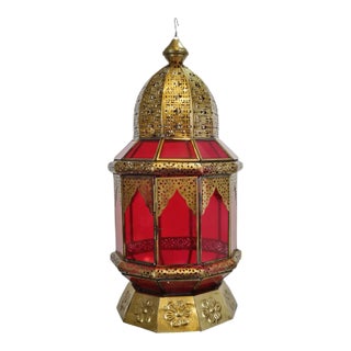 Vintage Moorish Indian Brass & Red Glass Pendant Light For Sale