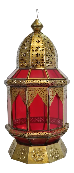 Vintage Moorish Indian Brass & Red Glass Pendant Light