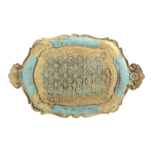 Vintage Italian Florentine Turquoise Tray For Sale