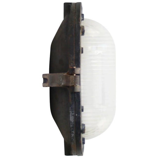 Holophane Vintage Industrial French Grey Cast Iron & Frosted Cut Glass Wall Light by Holophane, France For Sale - Image 4 of 8