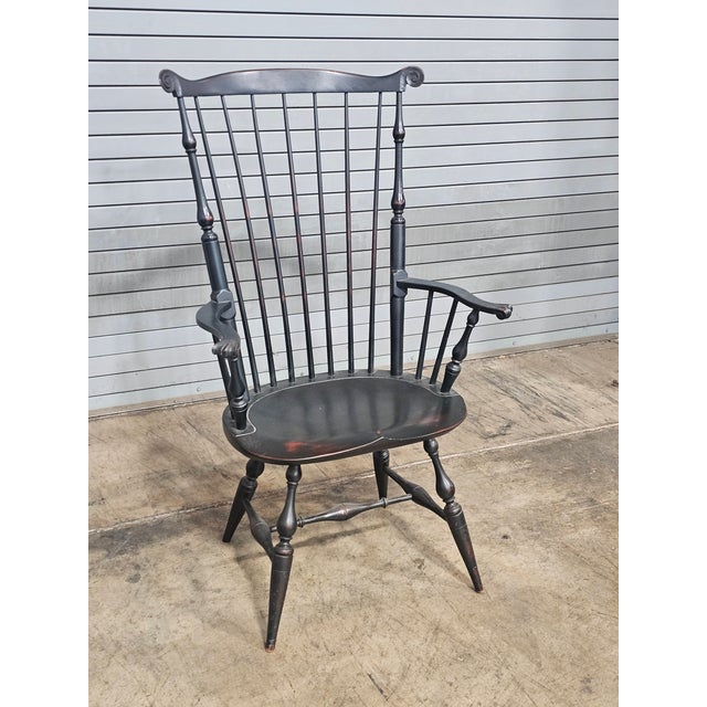 American d.r. Dimes Black Fan Back Carved Windsor Arm Chair Bench Made New Hampshire For Sale - Image 3 of 12