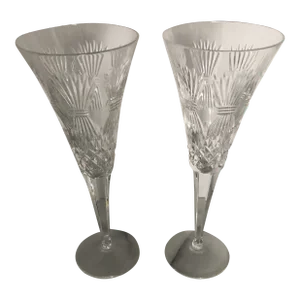 2000s Waterford Crystal Prosperity Millennium Series Champagne Flutes- a Pair