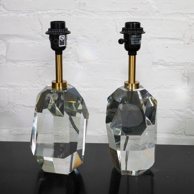 Pair of crystal Halcyon table lamps by Kelly Wearstler. Height measured to top of socket. Body measure 7" high.