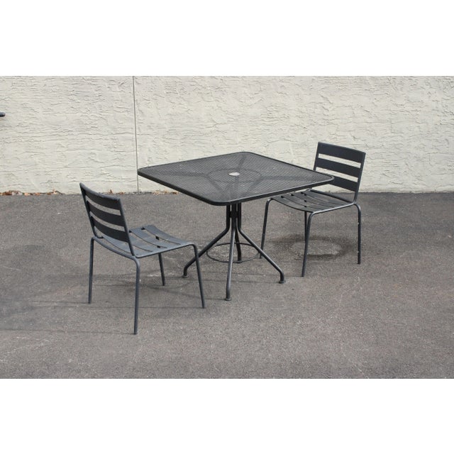 Quality Vintage Black Painted Square Top Outdoor Patio Dining Table with Two Matching Chairs, by Woodard (Not Labeled)