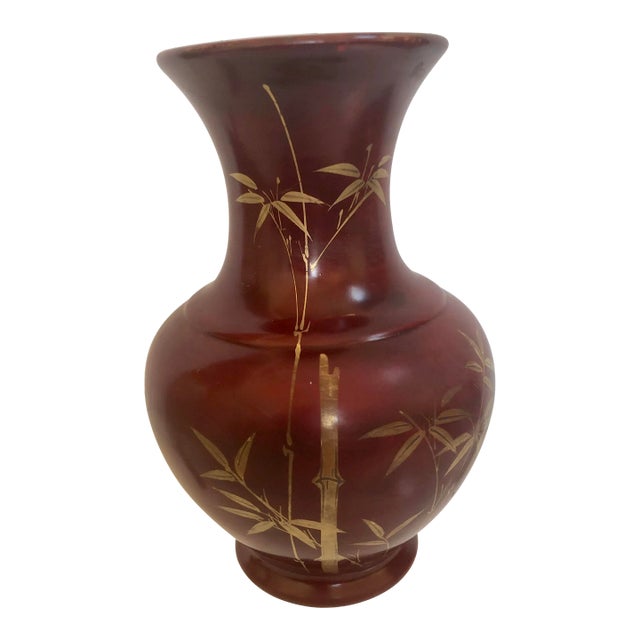 Vintage Hand-Painted Golden Color Bamboo Glass Vase For Sale