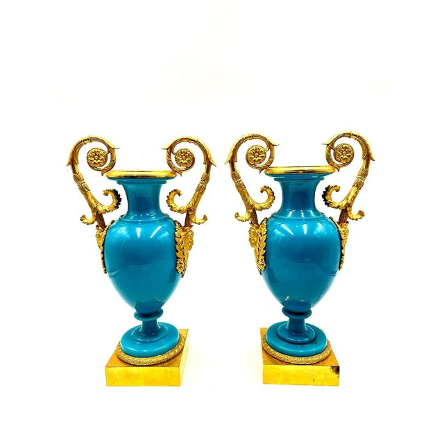 Antique Charles X French Vases in Blue Opaline and Gilded Bronze, Set of 2 For Sale - Image 4 of 13