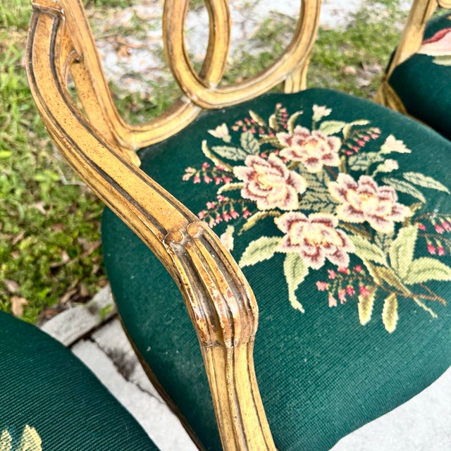 Vintage Rococo Style Wooden Floral Needlepoint Dining Chairs - Set of 4 (No Captain Chair) For Sale - Image 12 of 12