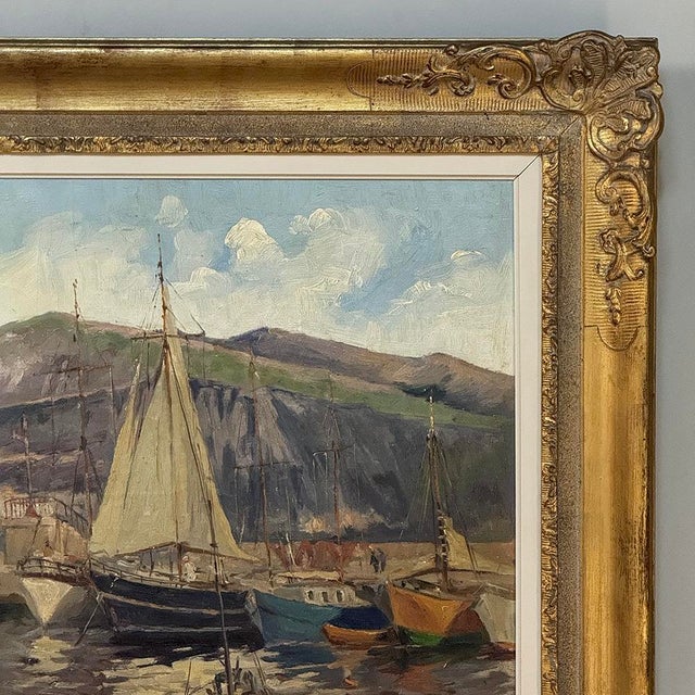 Wood Antique Framed Painting on Canvas 'Harbor in Still Light' Signed by J. Gilbert For Sale - Image 7 of 15